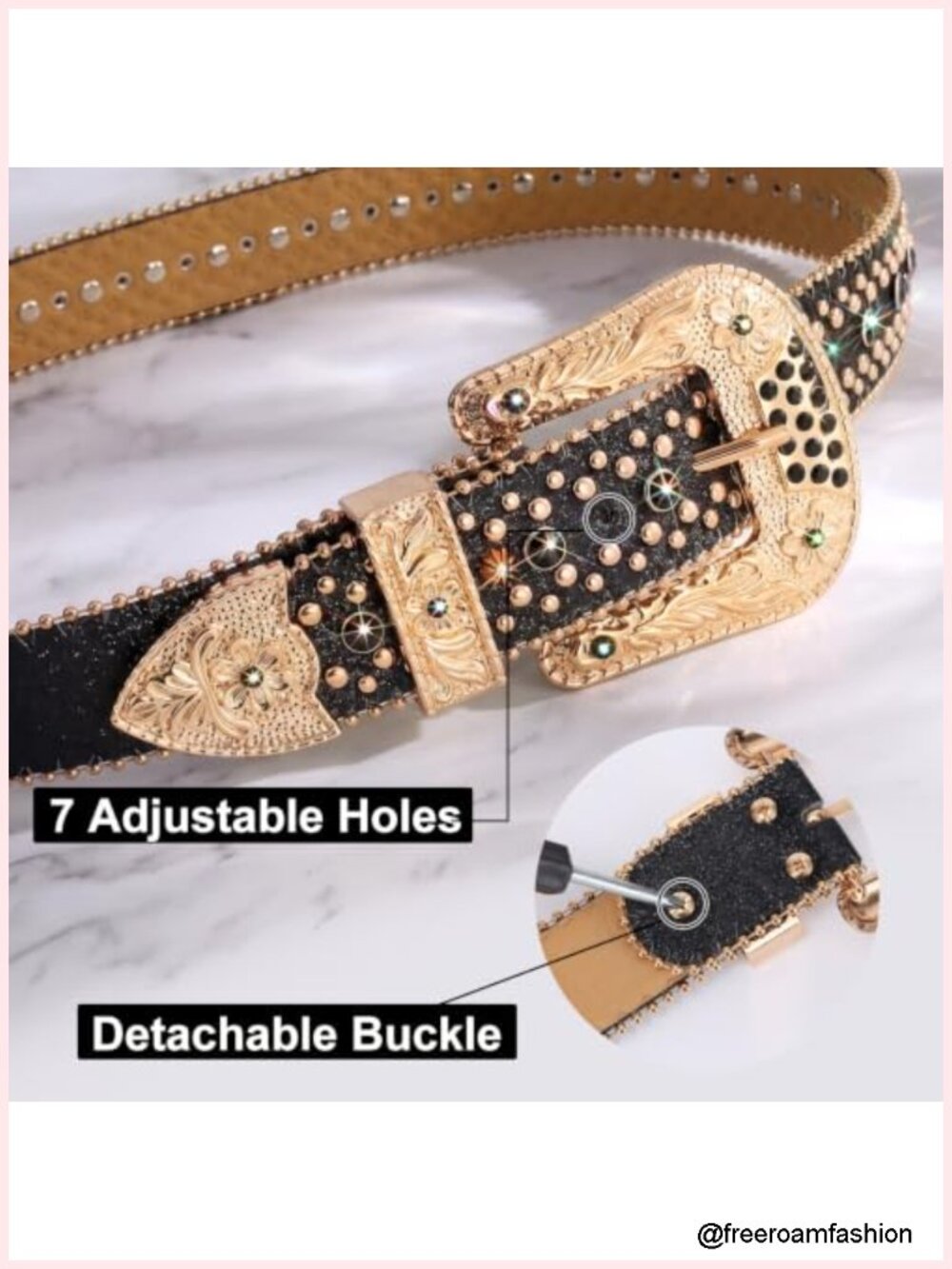 Premium Leather Rhinestone Belt with Detachable Buckle, Western Cowgirl Bling - Picture 4 of 6